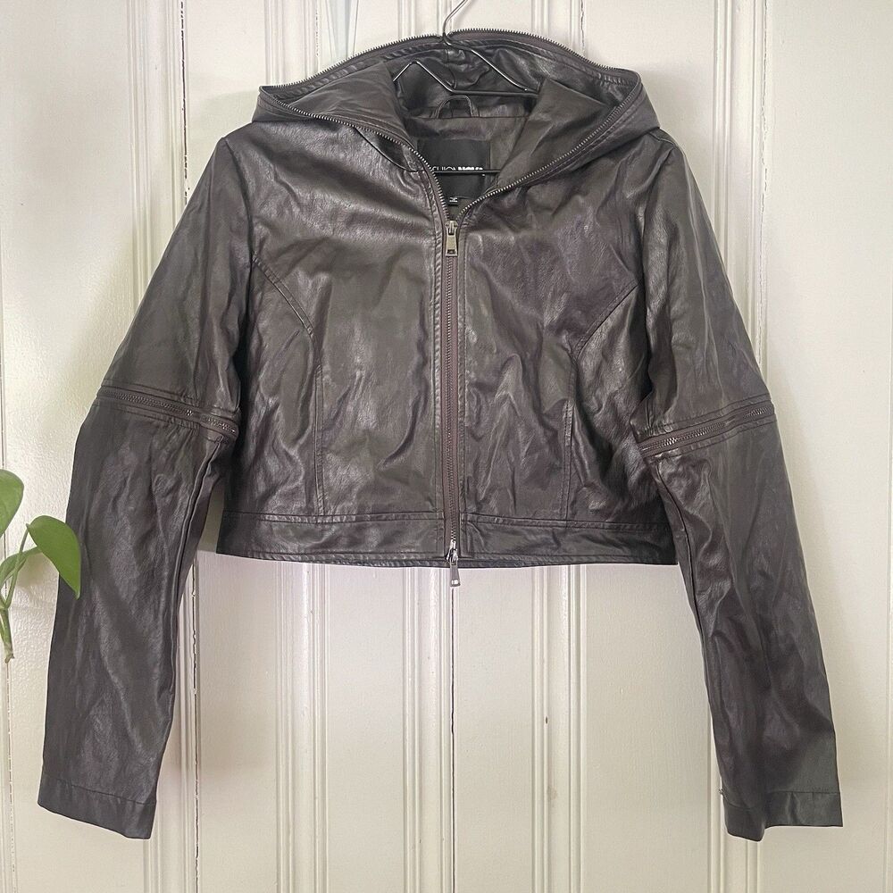 Fashion Nova Women Brown Faux Leather Hooded Cropped Zip Jacket Size L